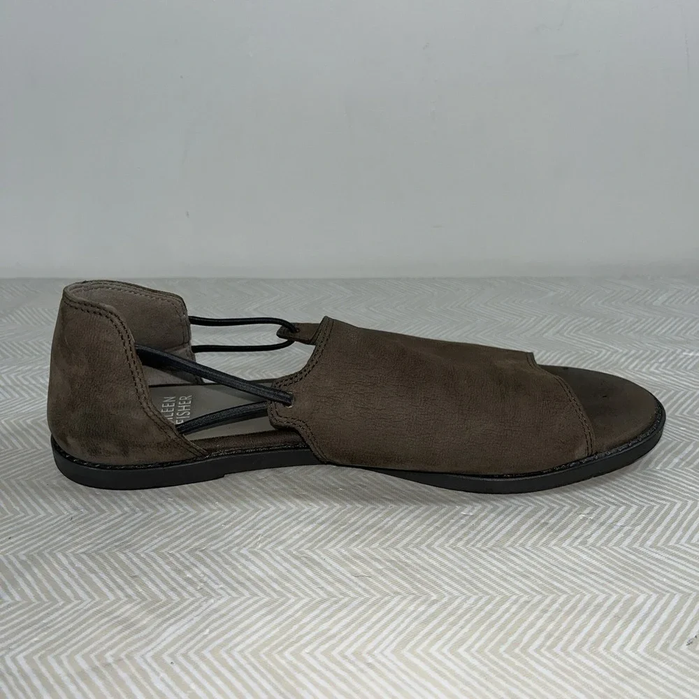 Eileen Fisher Women's Peep Toe Sandals Flat Shoes Sz 7 Brown Suede Flats Leather
